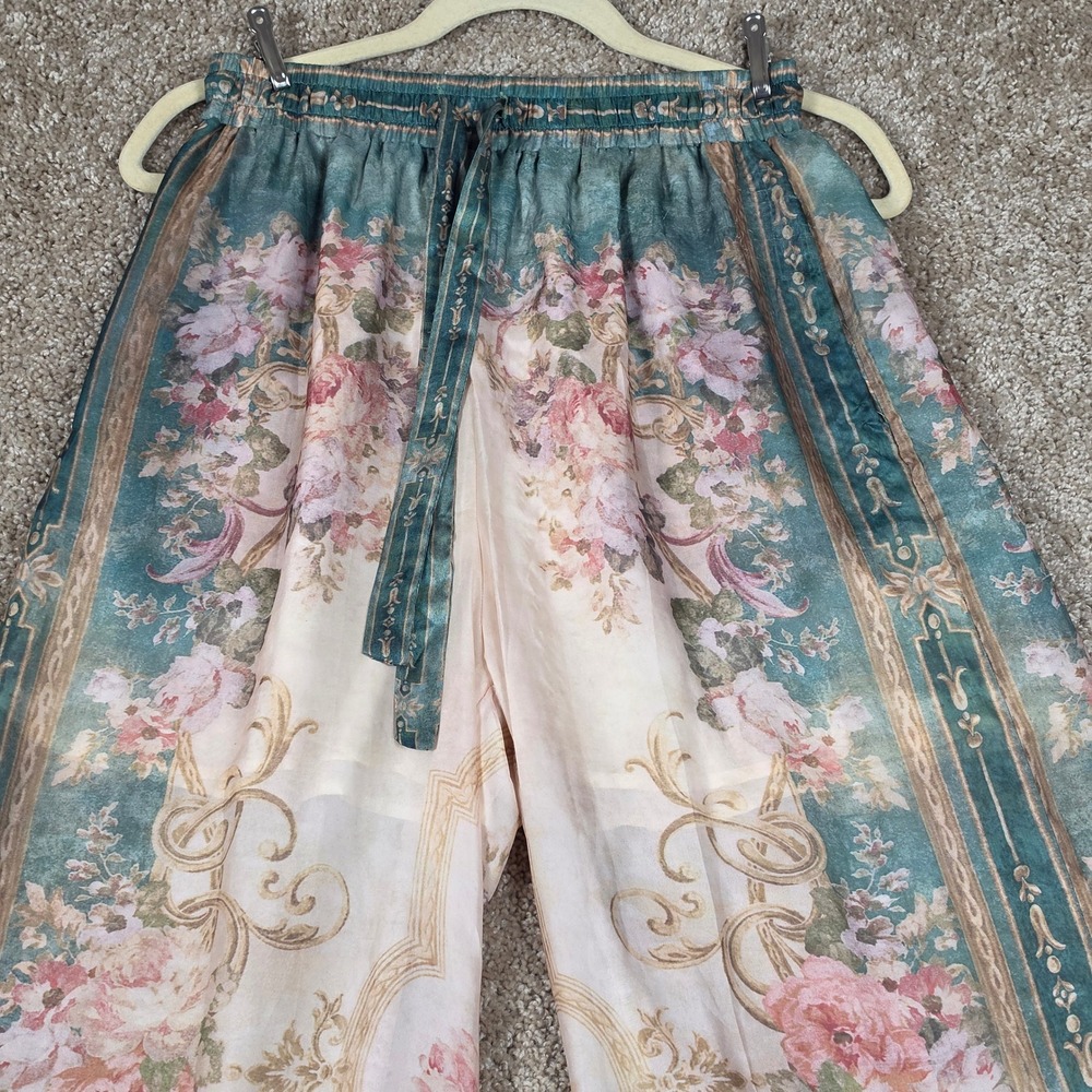 Womens Floral Baroque Wide Leg Palazzo Pants Teal Pink Romantic Boho Drawstring - Picture 3 of 9